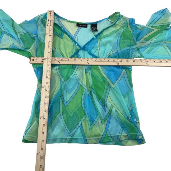 New York & Company Womens Medium Leaf Print Nylon Top Semi Sheer Y2k - Picture 3 of 4